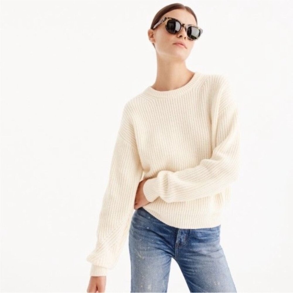 J. Crew 100% Cashmere Ribbed Cream Crewneck Sweater Classic Neutral Knit
